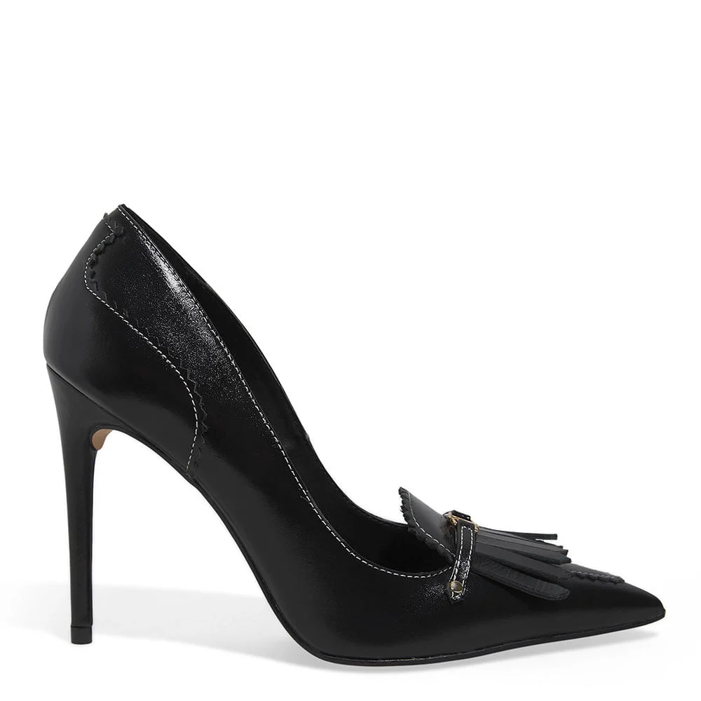 Scarpin Couro Preto Bico Fino Franja - vista 1 de 5
