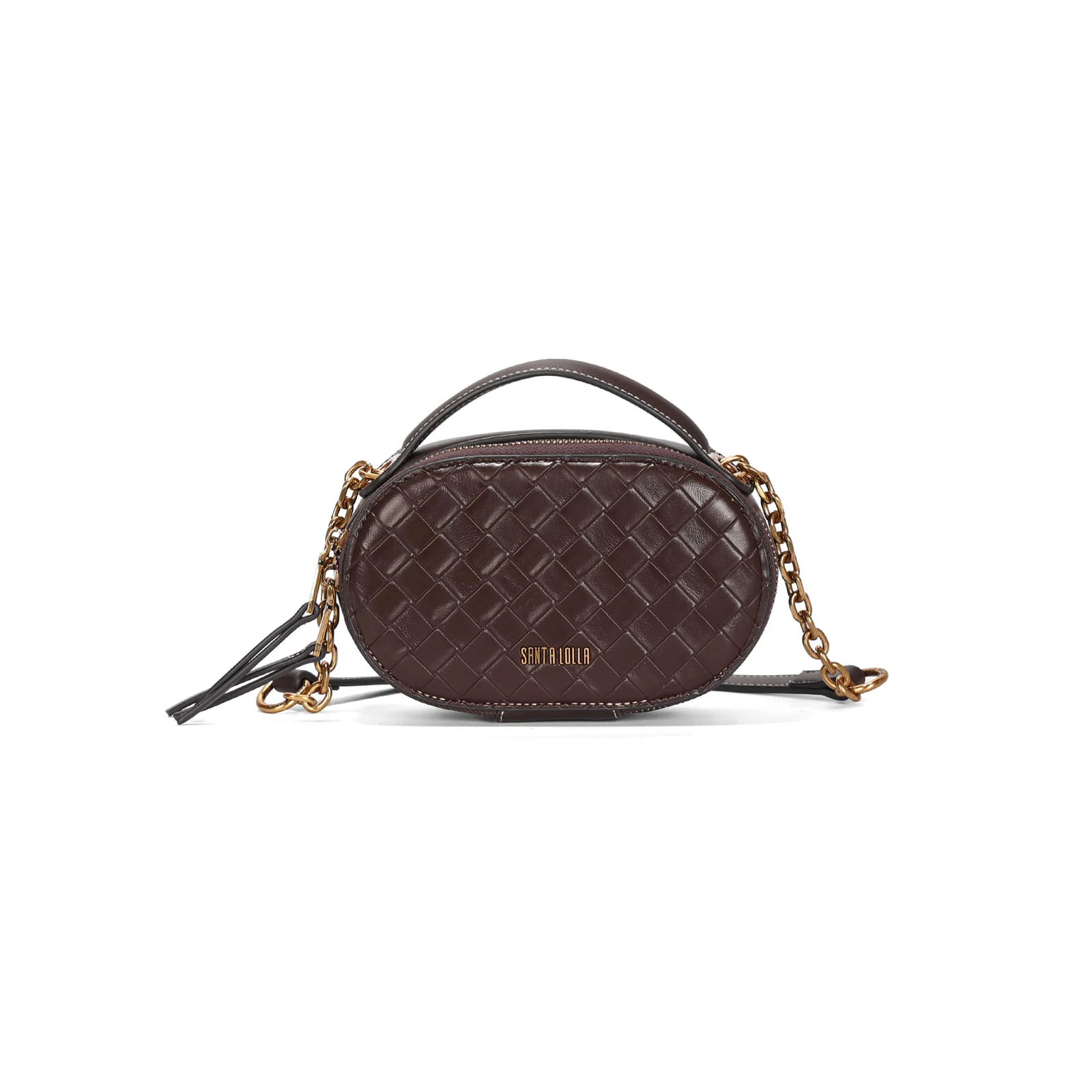 Bolsa Pequena Tressê Marrom Dark Pespontos Alça Corrente - vista 1 de 3