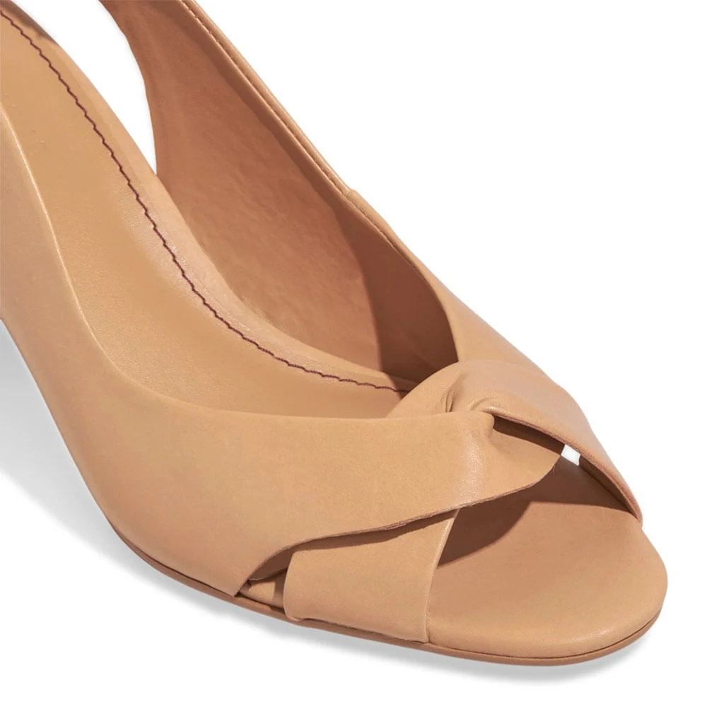 Peep Toe Slingback Couro Salto Bloco Bege - vista 3 de 4
