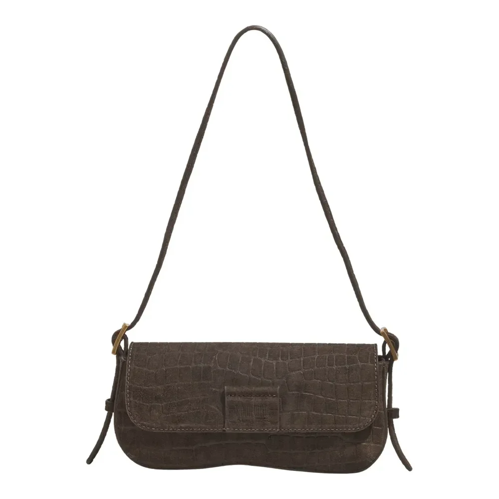 Bolsa Pequena Couro Camurça Croco Marrom Dark Alça De Ombro - vista 1 de 3