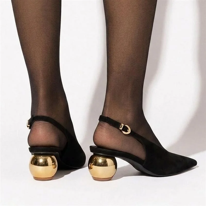 Scarpin Slingback Couro Camurça Salto Esfera Preto - vista 1 de 5
