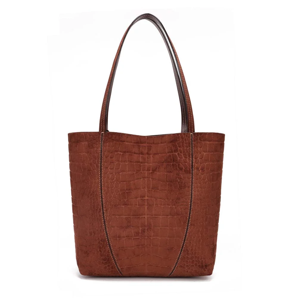 Bolsa Tote Média Croco Nobuck Marrom Dark Alça Longa - vista 5 de 7