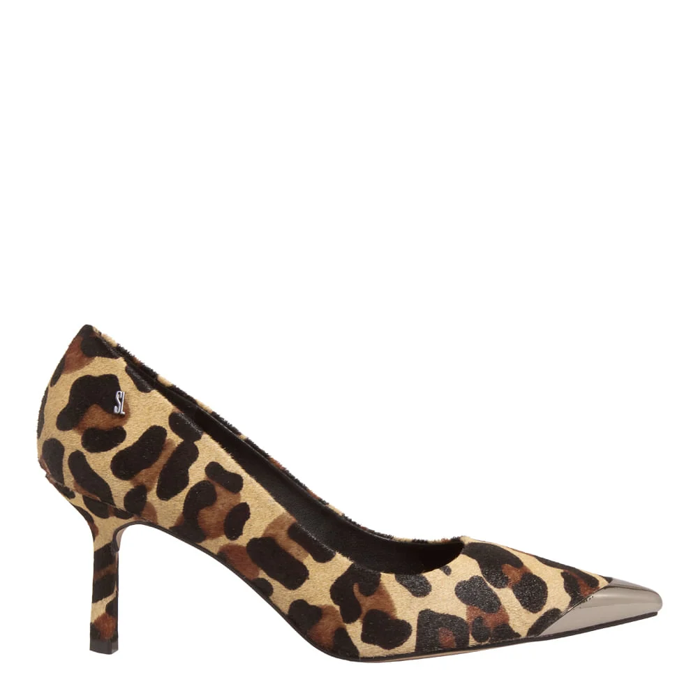 Scarpin Couro Pelo Estampa Animal Print Onça Bico Fino Metal - vista 1 de 4