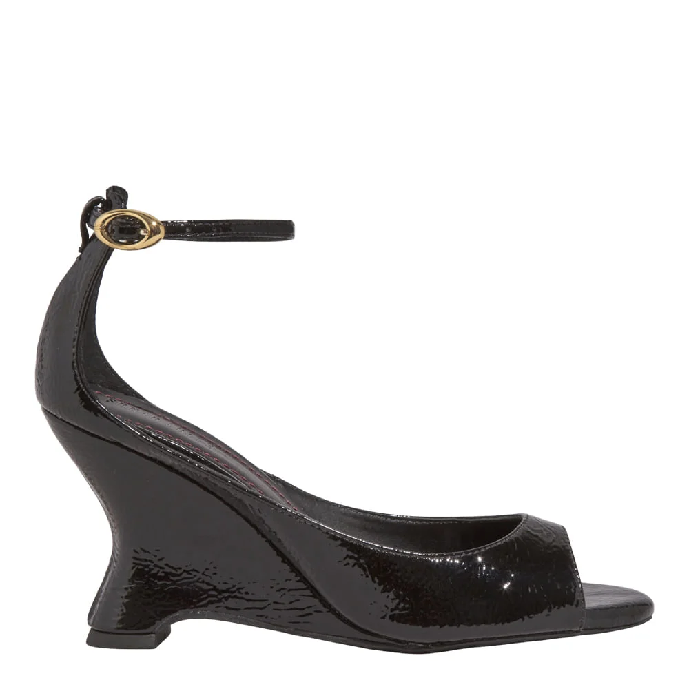 Sandália Peep Toe Verniz Show Salto Anabela Preto - vista 1 de 5