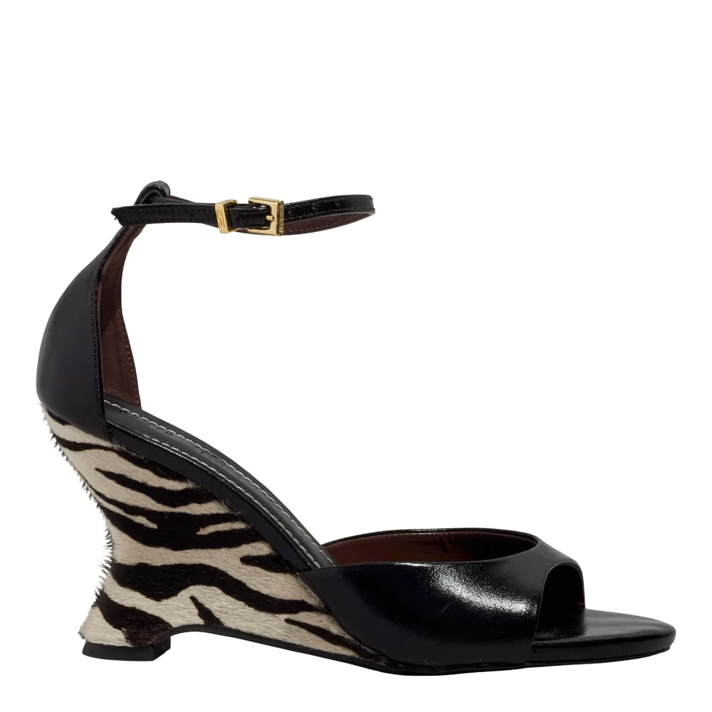 Sandália Peep Toe Couro Confort Preto Salto Anabela Animal Print Zebra Preto - vista 1 de 4