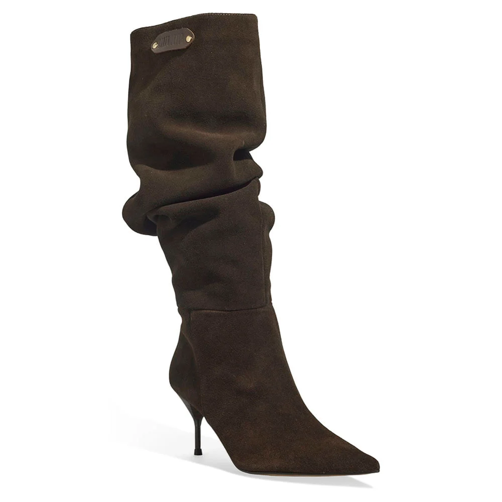 Bota Couro Camurça Cano Alto Slouch Marrom Dark - vista 2 de 3
