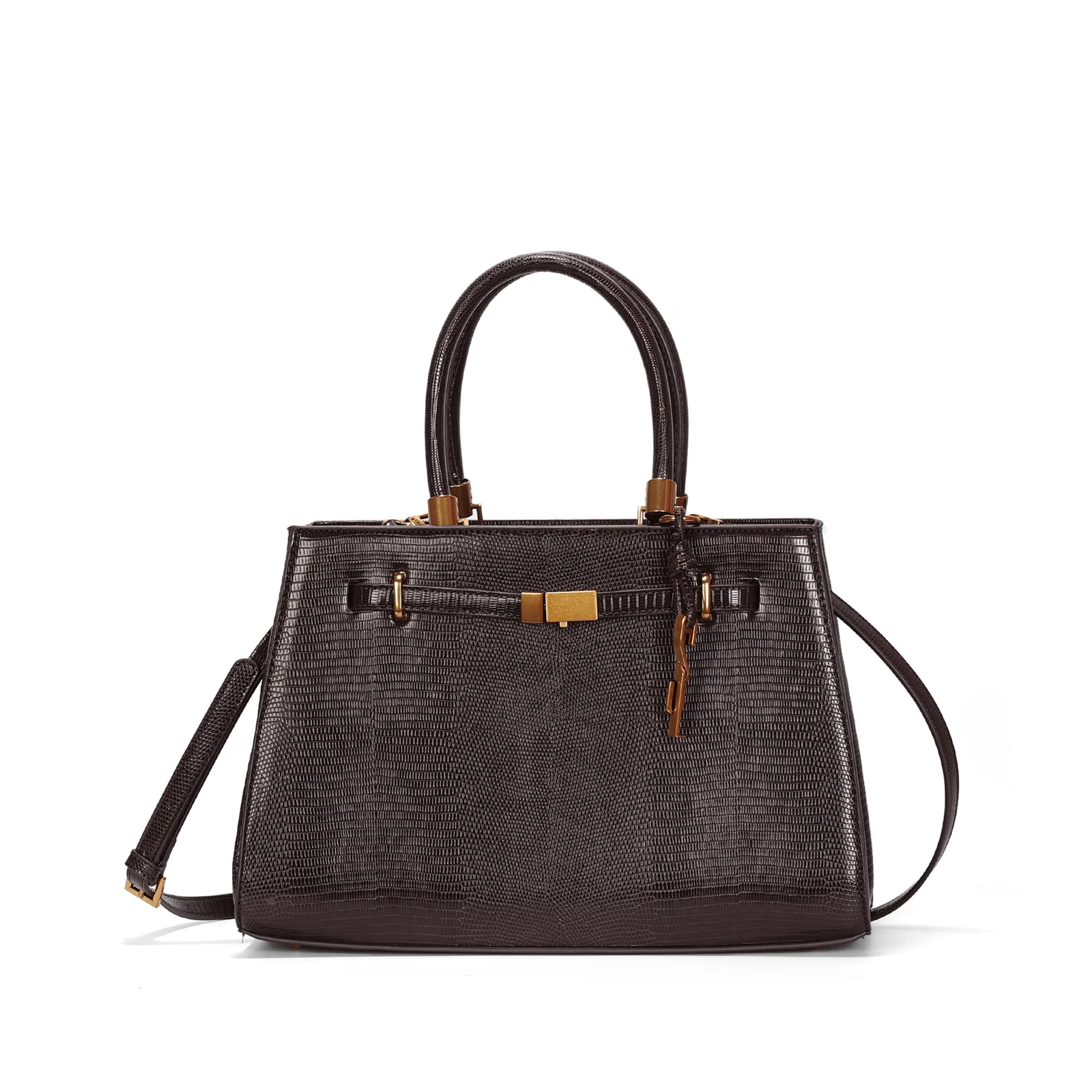 Bolsa Média Texturizada Lizard Alça Transversal Marrom Dark - vista 2 de 4