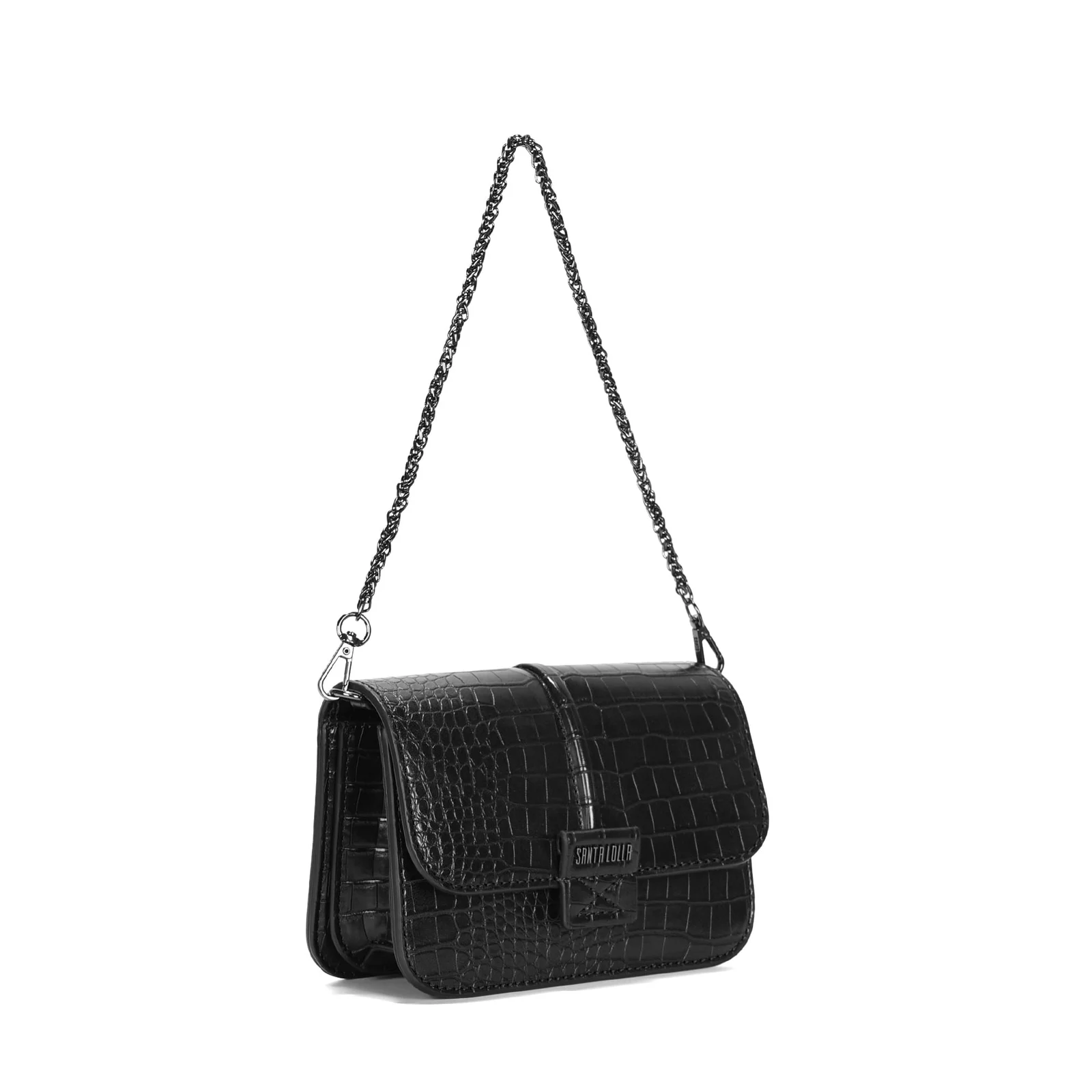Bolsa Baguete Pequena Croco Preto Alça Corrente - vista 2 de 3