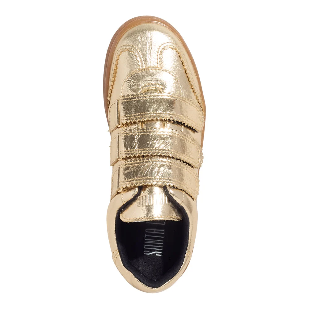 Tênis Velcro Couro Craquele Metalizado Dourado - vista 4 de 5