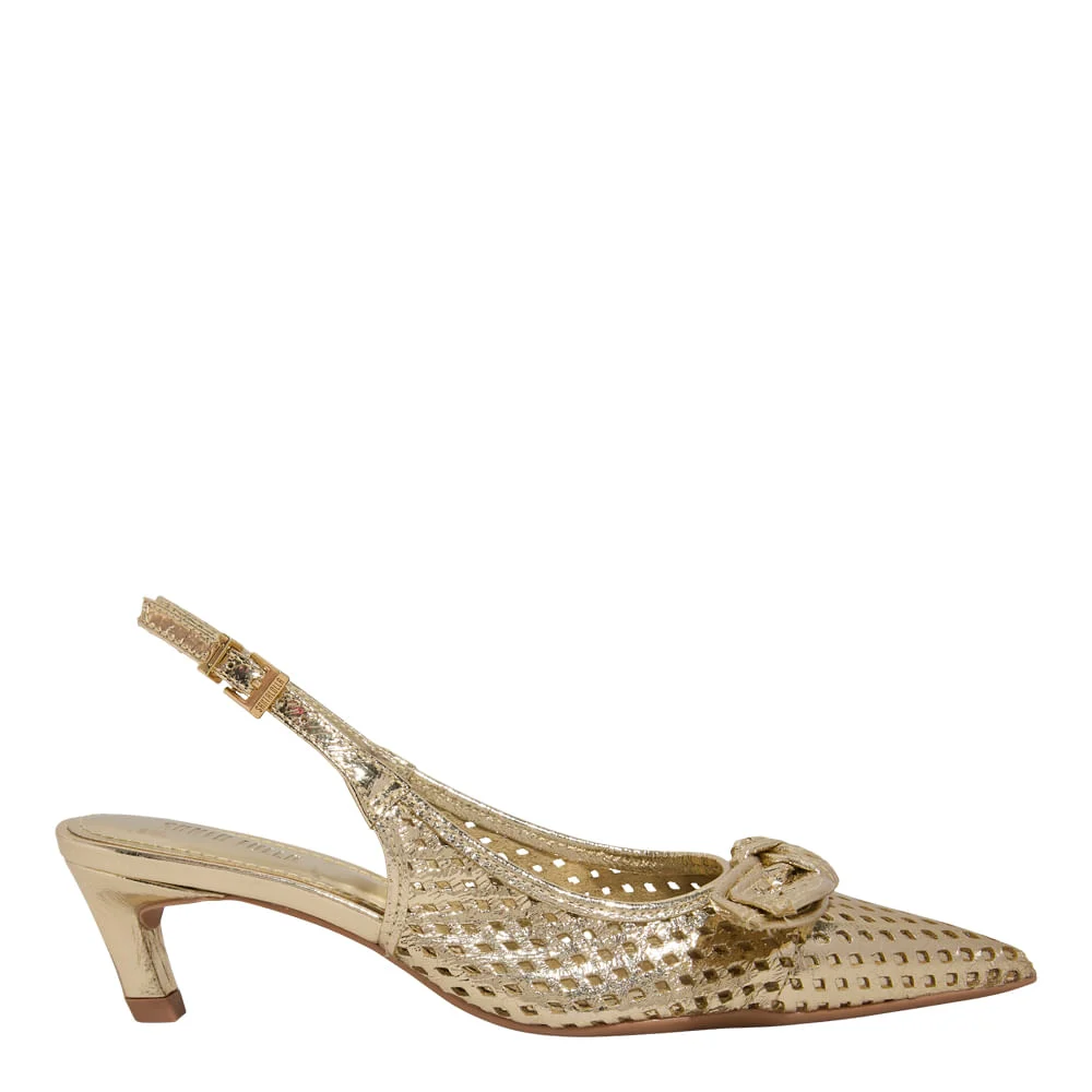 Scarpin Laço Couro Metallic Dourado Salto Baixo Bico Fino - vista 1 de 3