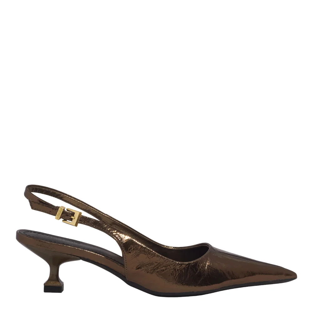 Scarpin Slingback Couro Metalizado Bronze Salto Baixo - vista 1 de 4