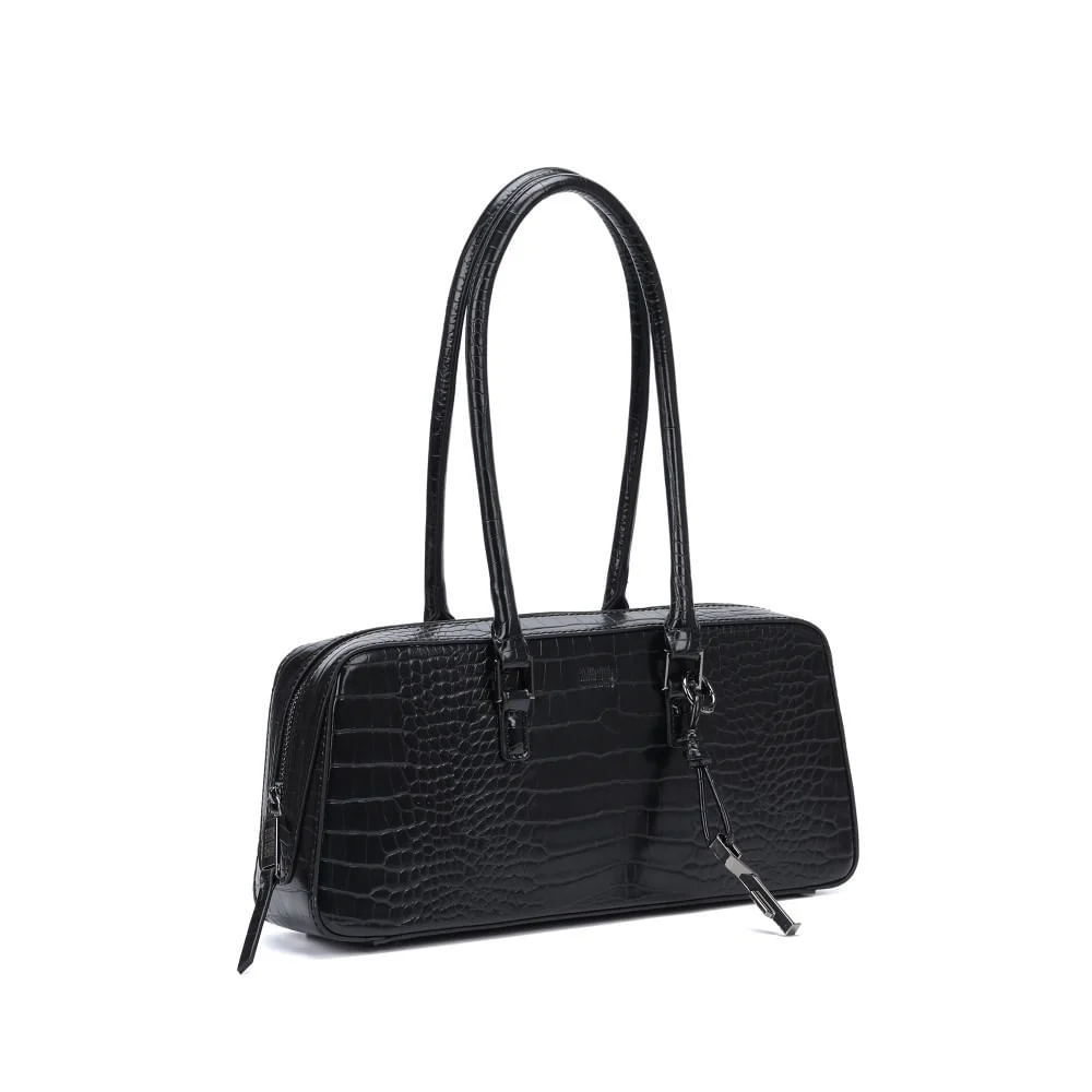 Bolsa Média Estruturada Croco Preto - vista 2 de 5