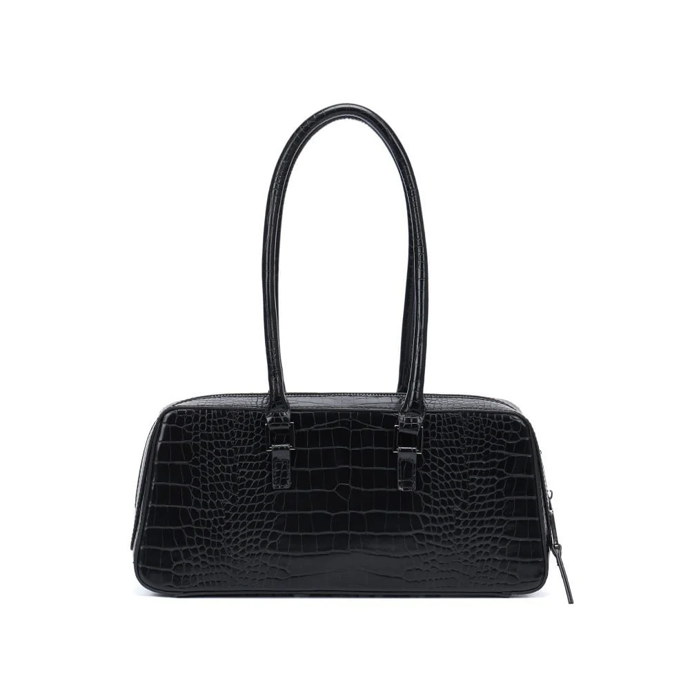 Bolsa Média Estruturada Croco Preto - vista 3 de 5