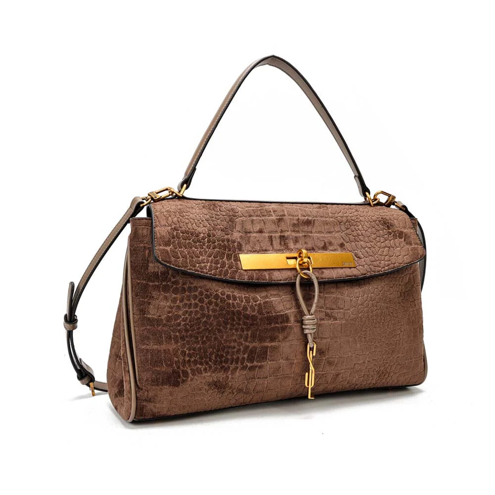 Bolsa Quadrada Croco Nobuck Bege Steel Alça Dupla - vista 2 de 7