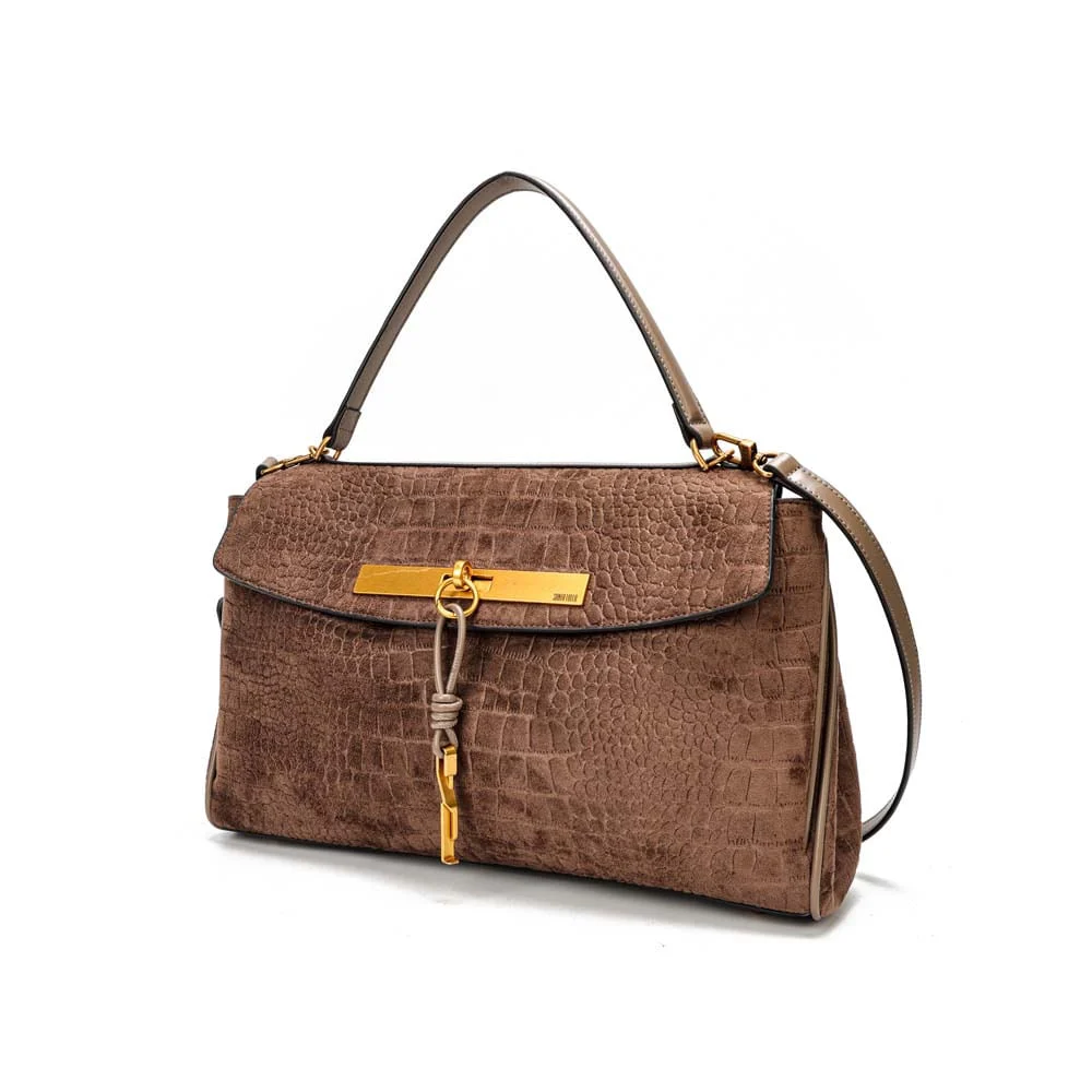 Bolsa Quadrada Croco Nobuck Bege Steel Alça Dupla - vista 3 de 7