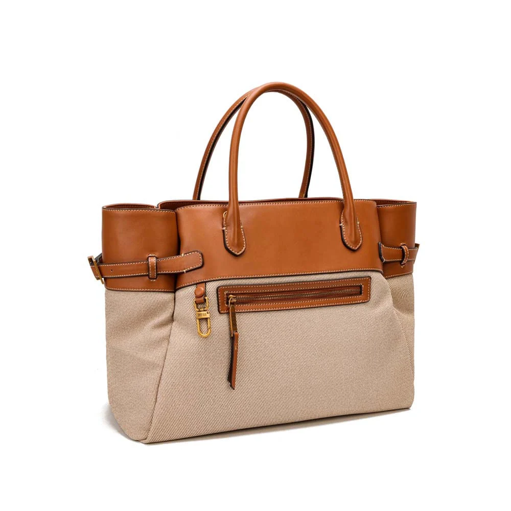 Bolsa Tote Grande Canvas Bege E Marrom Alça Dupla - vista 3 de 8