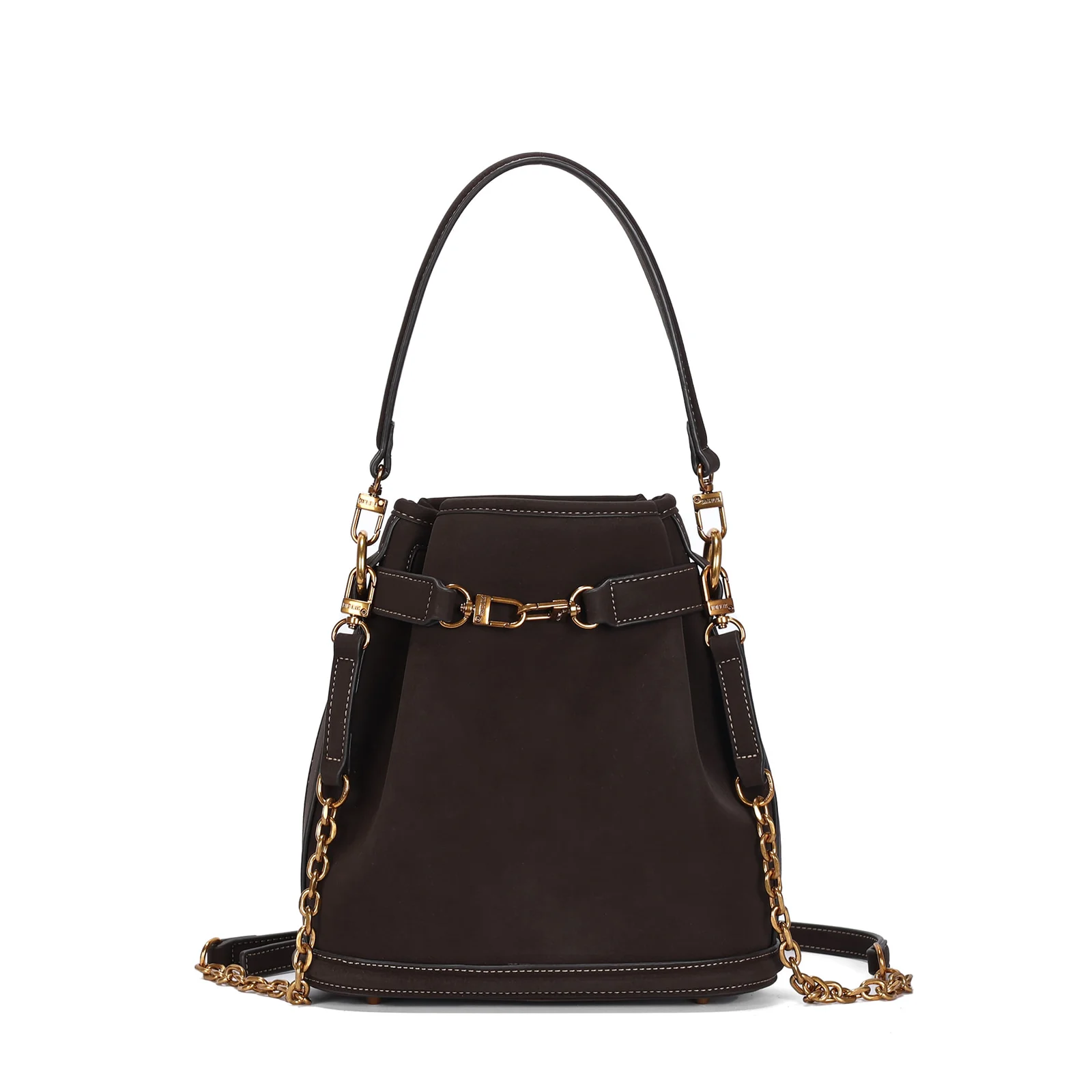 Bolsa Bucket Média Nubuck Marrom Dark Alça Corrente - vista 1 de 3