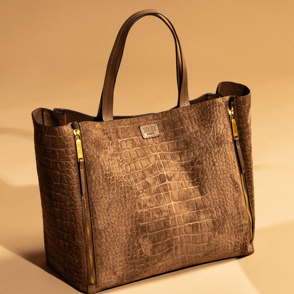 Bolsa Shopper Grande Croco Nobuck Bege Steel - vista 1 de 8