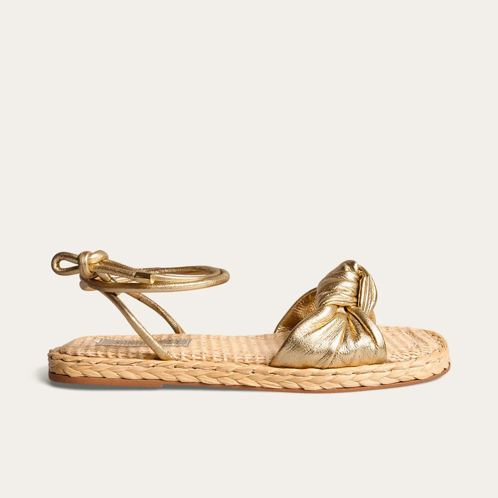 Rasteira Espadrille Amarração Couro Metalizado Dourada - vista 1 de 2