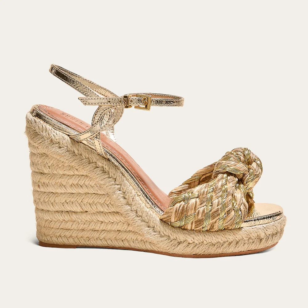 Sandália Espadrille Anabela Couro Metalizada Dourada - vista 1 de 3