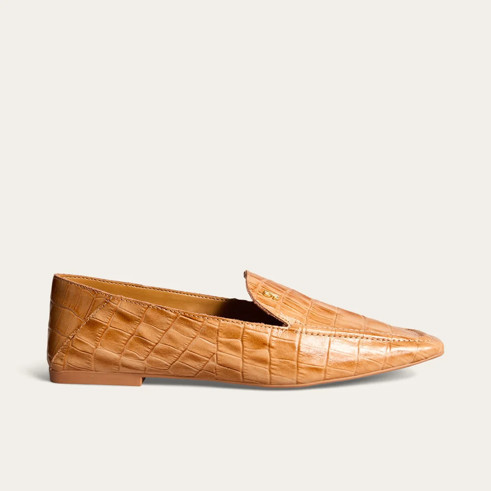 Mocassim Couro Croco Bico Quadrado Marrom Doce De Leite - vista 1 de 2