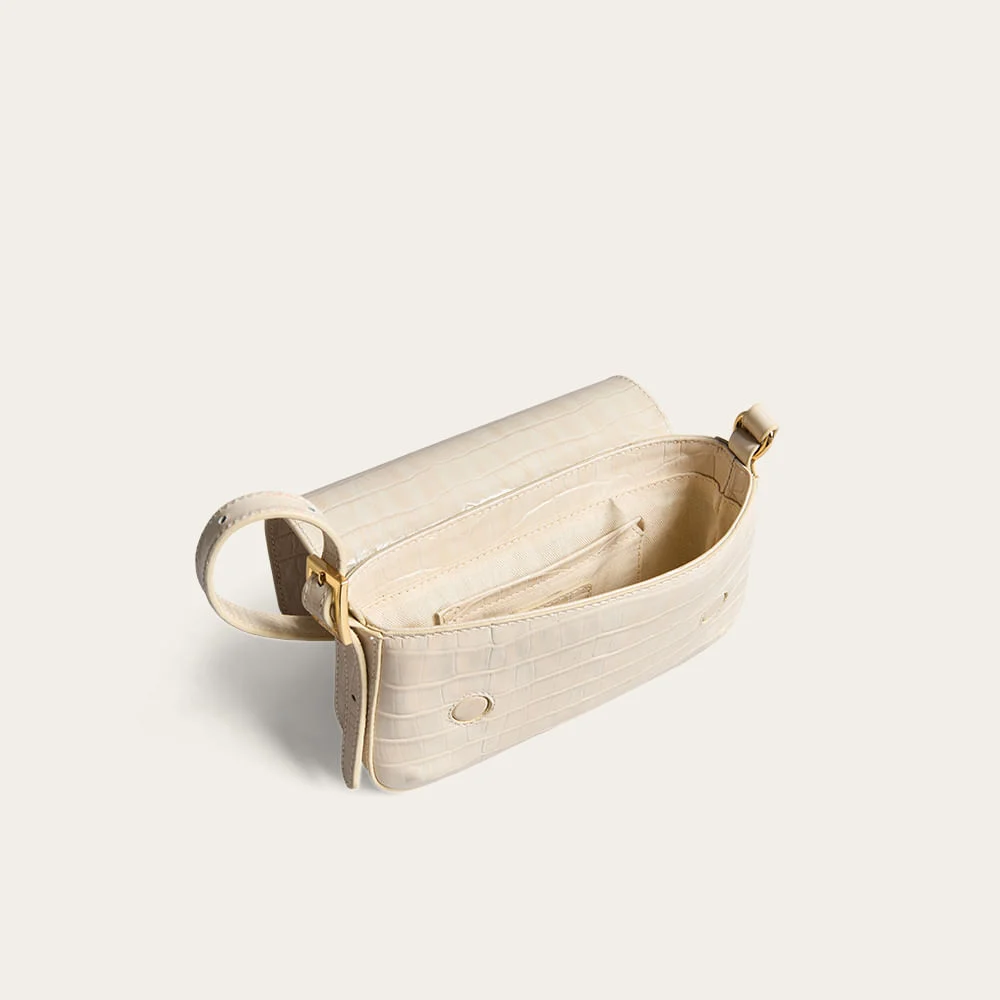Bolsa Pequena Couro Croco Alça De Ombro Bege Marfim - vista 3 de 3