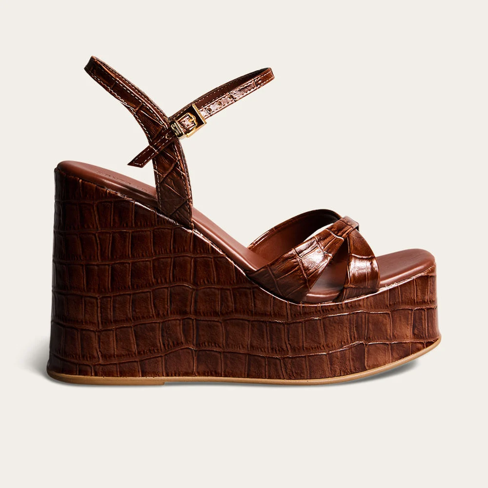 Sandália Plataforma Anabela Couro Croco Marrom Terracota - vista 1 de 3
