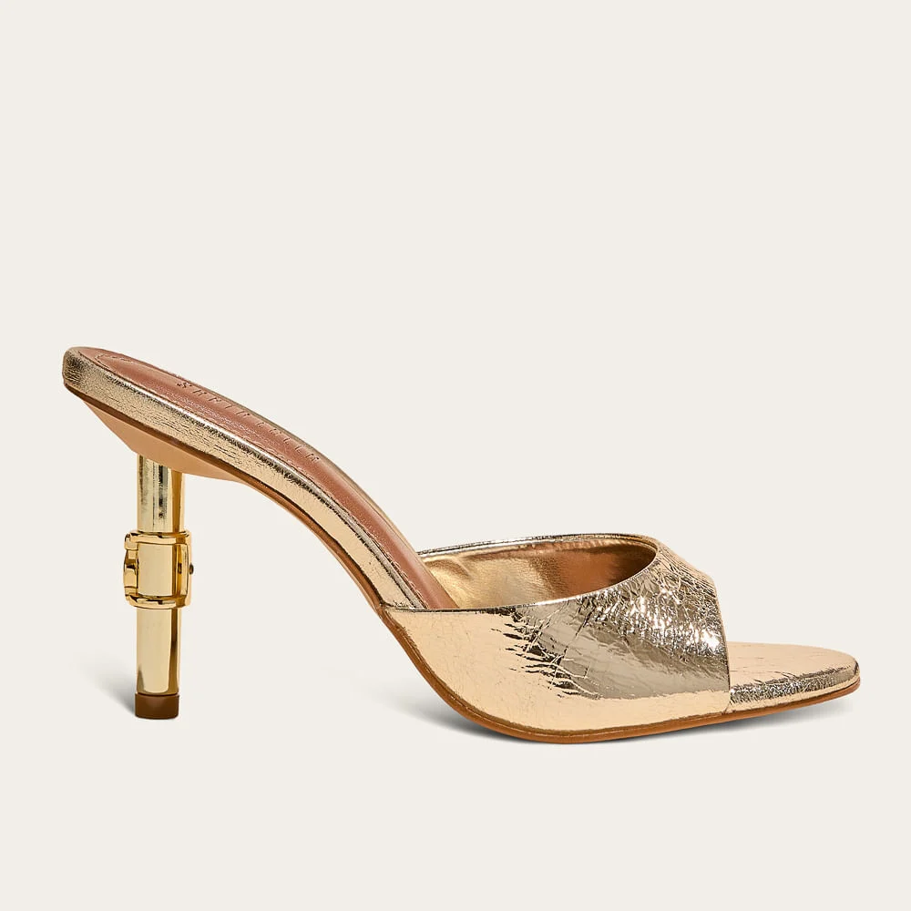 Tamanco Mule Couro Metalizado Salto Fino Metal Caramelo Doce de Leite - vista 1 de 3