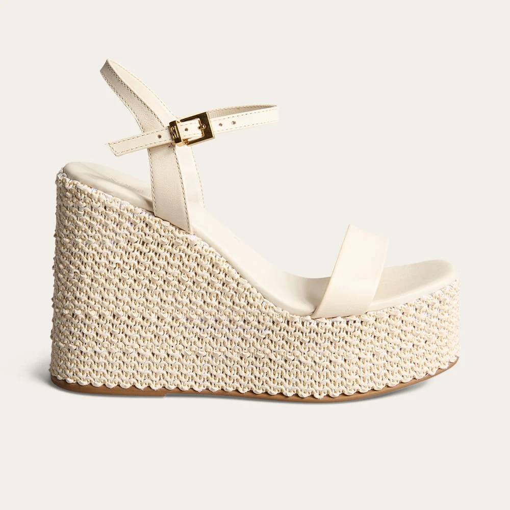 Sandália Espadrille Anabela Couro Soft Off White - vista 1 de 3