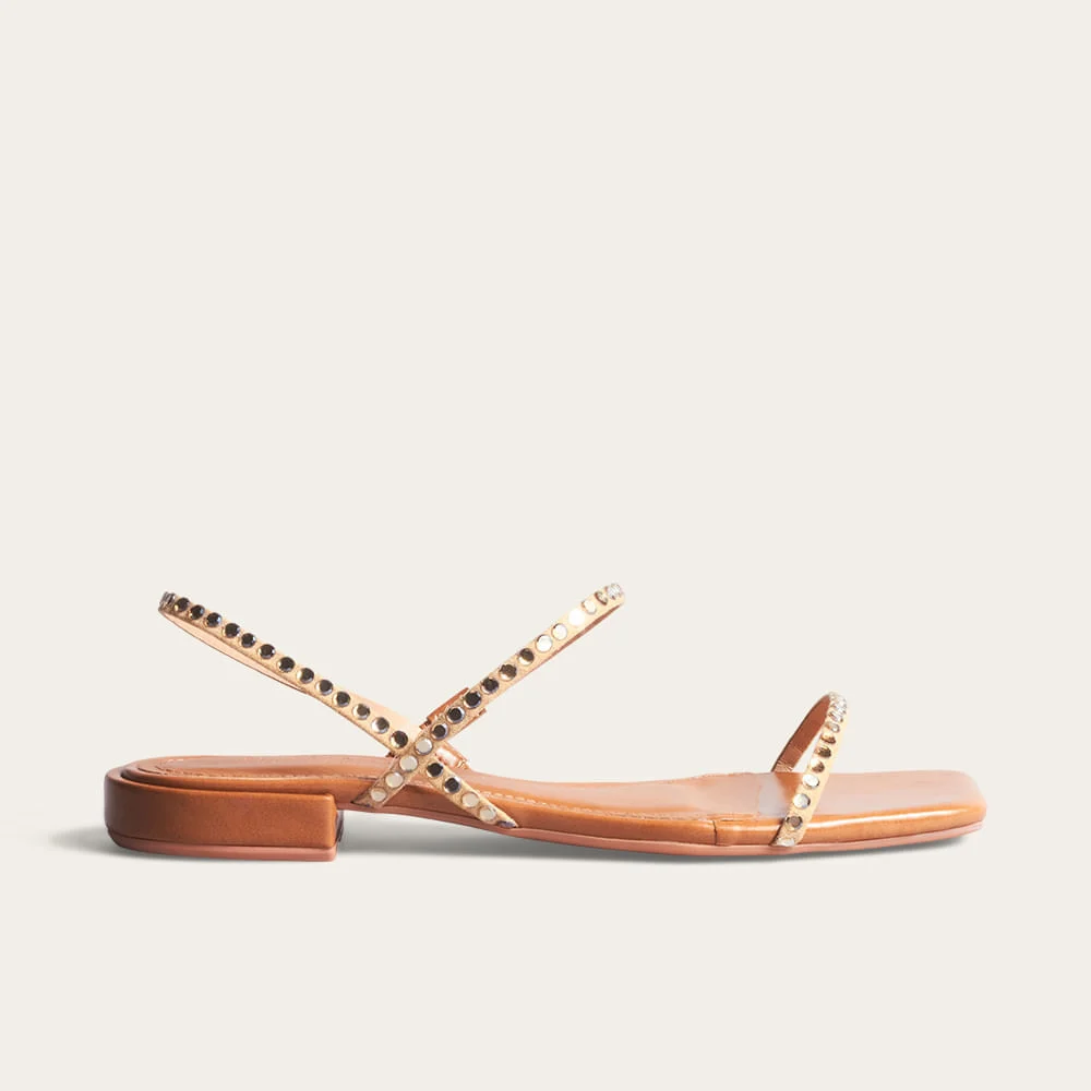 Rasteira Napa Madri Strass Bico Quadrado Bege Camel - vista 1 de 2