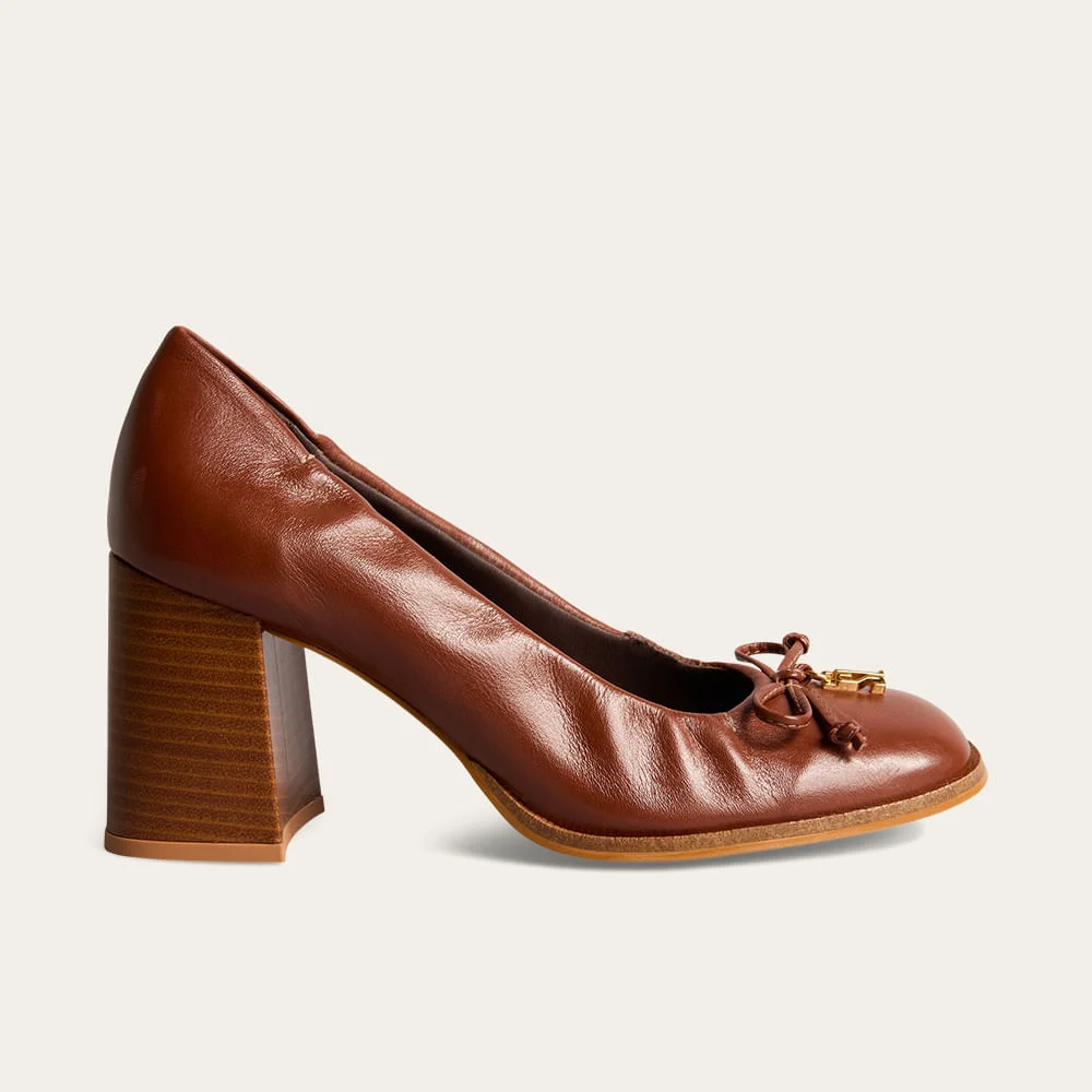 Scarpin Boneca Couro Nobre Soft Bico Quadrado Marrom Terracota - vista 1 de 4