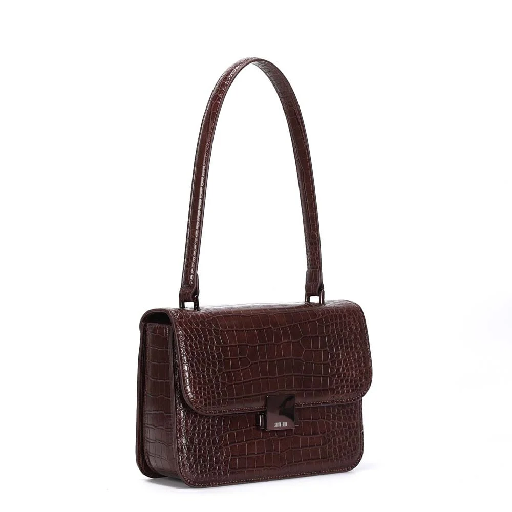 Bolsa Média Croco Marrom Dark Alça De Mão - vista 2 de 3