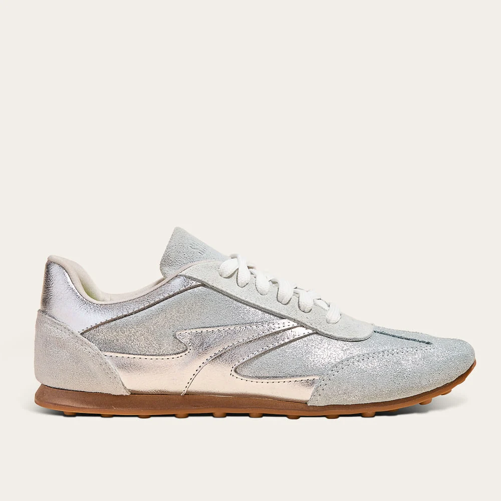 Tênis Jogging Couro Camurça Prata Glitter - vista 1 de 3