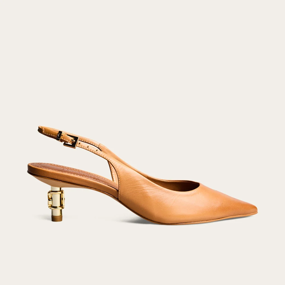 Scarpin Slingback Couro Marrom Salto Baixo Metalizado - vista 1 de 4