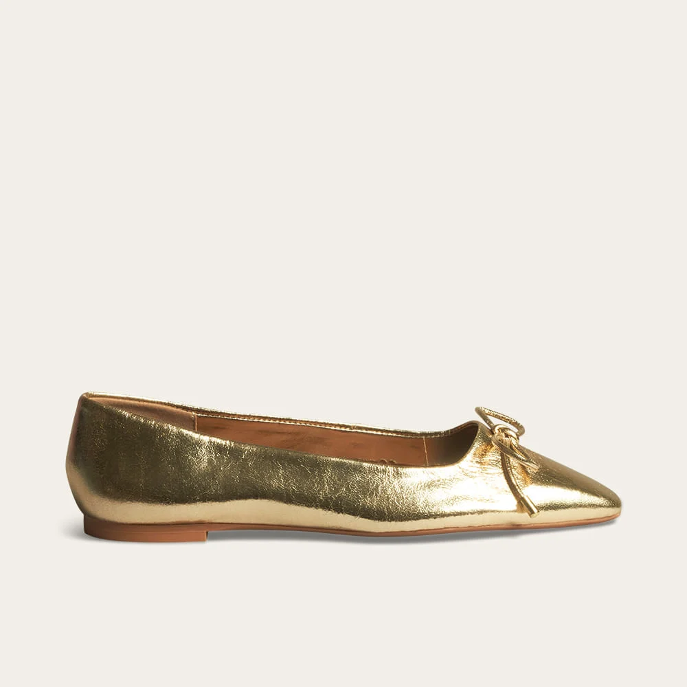 Sapatilha Couro Metalizado Bico Quadrado Dourado Laço - vista 1 de 3