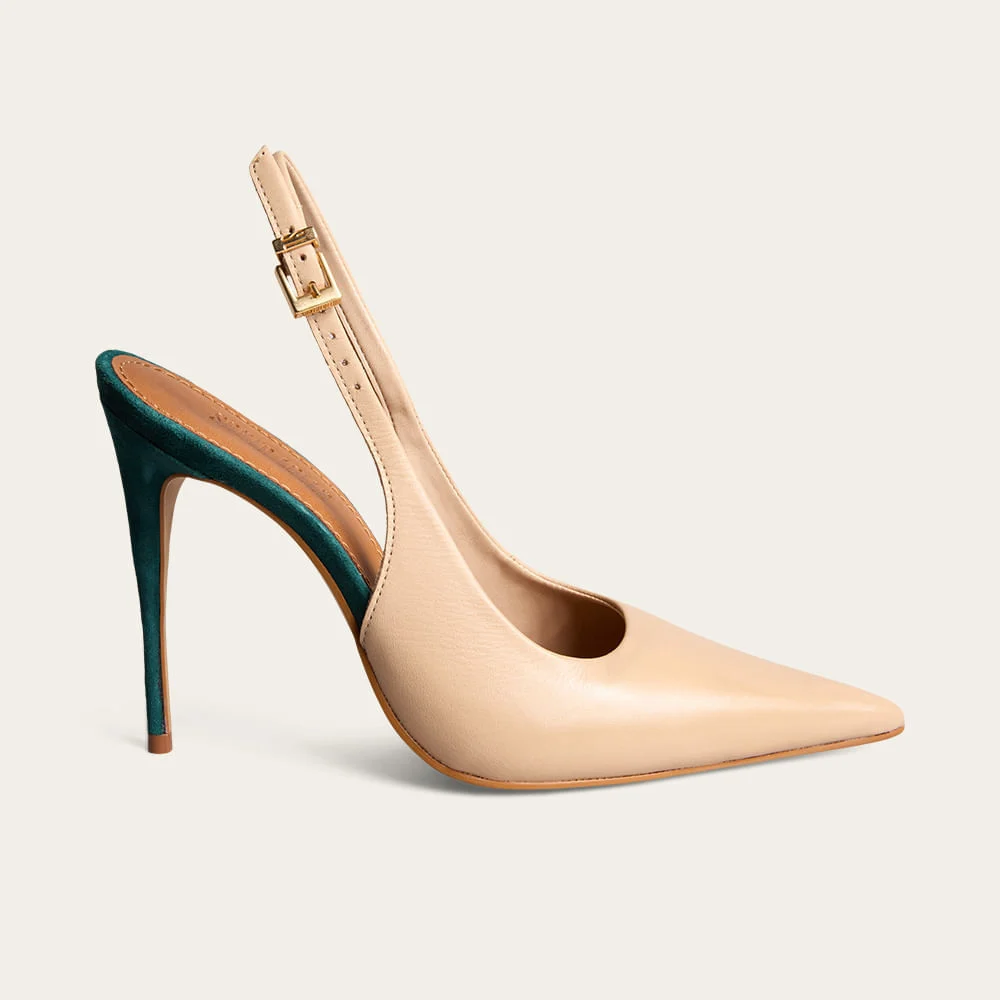 Scarpin Slingback Couro Bege Salto Alto Bicolor - vista 1 de 3