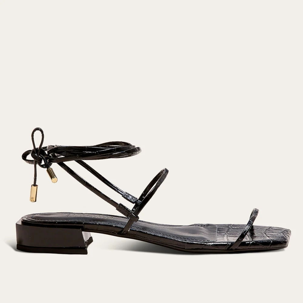 Rasteira Amarração New Croco Preto Bico Quadrado - vista 1 de 3