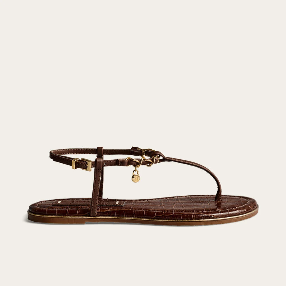 Rasteira Napa Croco Marrom Terra Corrente - vista 1 de 3