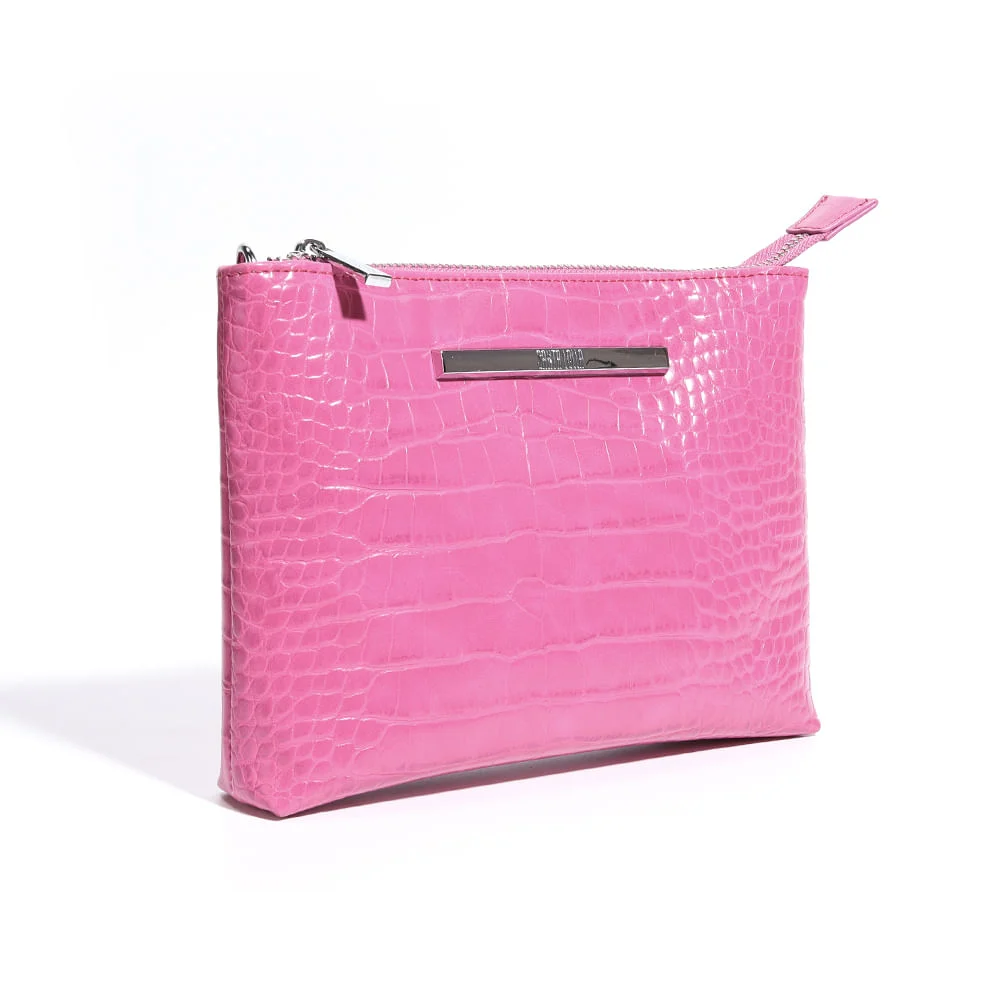 Bolsa Transversal Pink Croco Pequena Alça Fina - vista 2 de 3