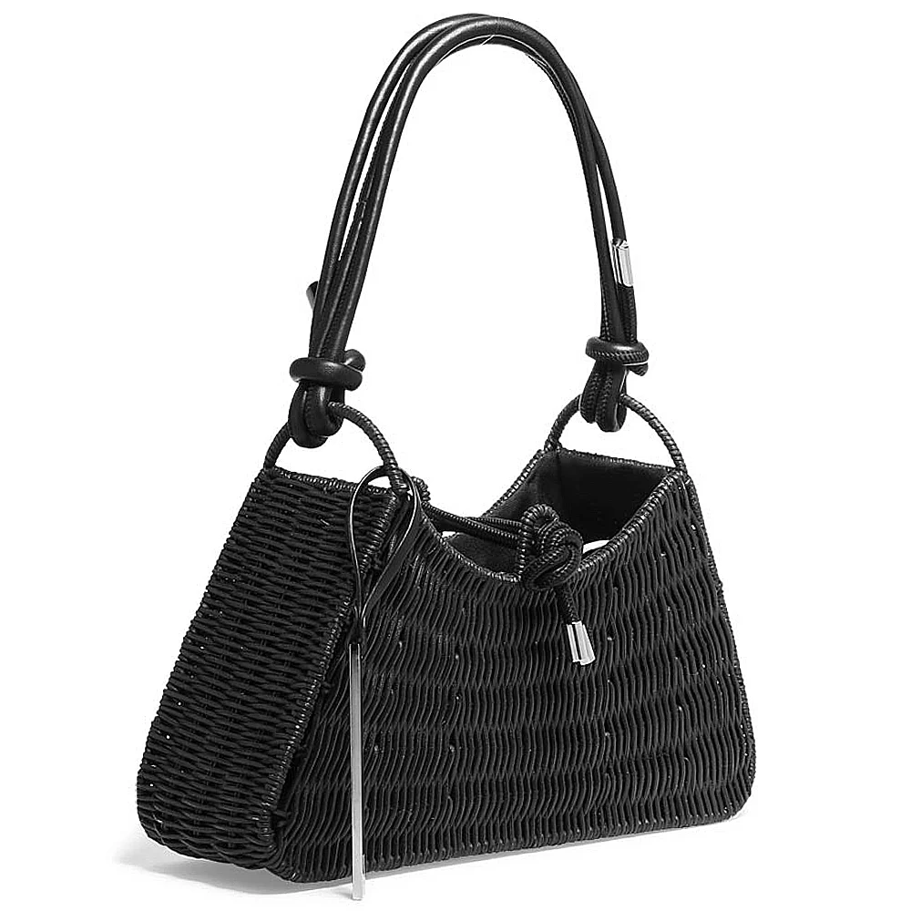 Bolsa Baguete Tramado Triangular Preta com Cordão - vista 3 de 4