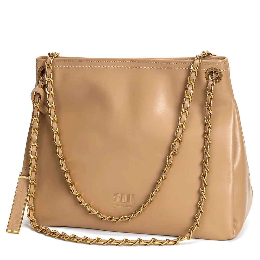 Bolsa Slouch Shopper Grande com Alça de Corrente com couro transpassado Bege - Linha Genuine Leather - vista 4 de 4