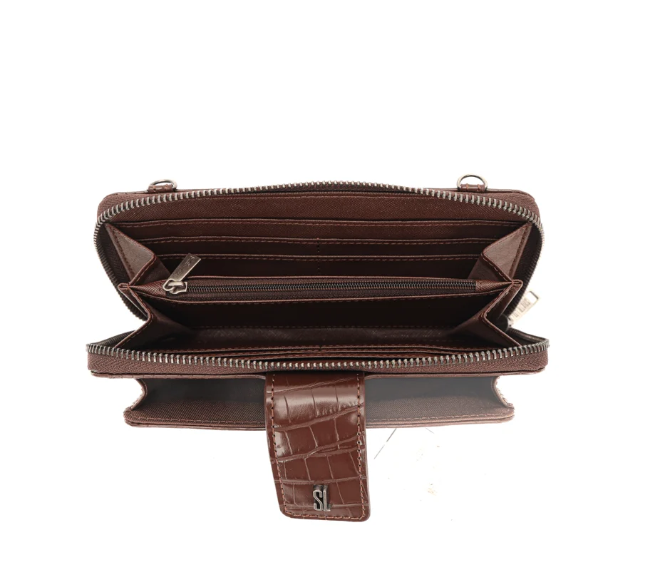 Bolsa Carteira Marrom Escuro Croco Alça de Ombro - vista 3 de 5