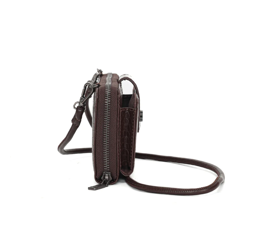 Bolsa Carteira Marrom Escuro Croco Alça de Ombro - vista 4 de 5