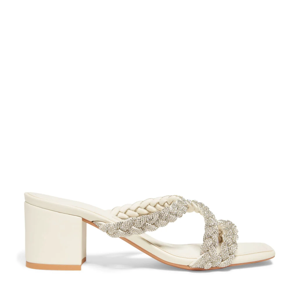 Mule Off White Salto Bloco Tiras Strass Prata - vista 1 de 3