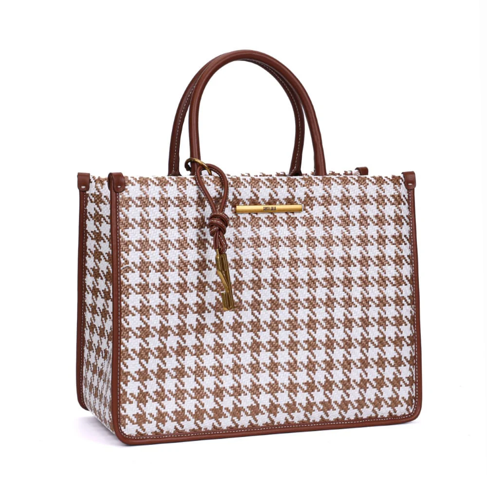 Bolsa Tote Tramada Marrom E Branco Estruturada Alça De Mão - vista 2 de 7