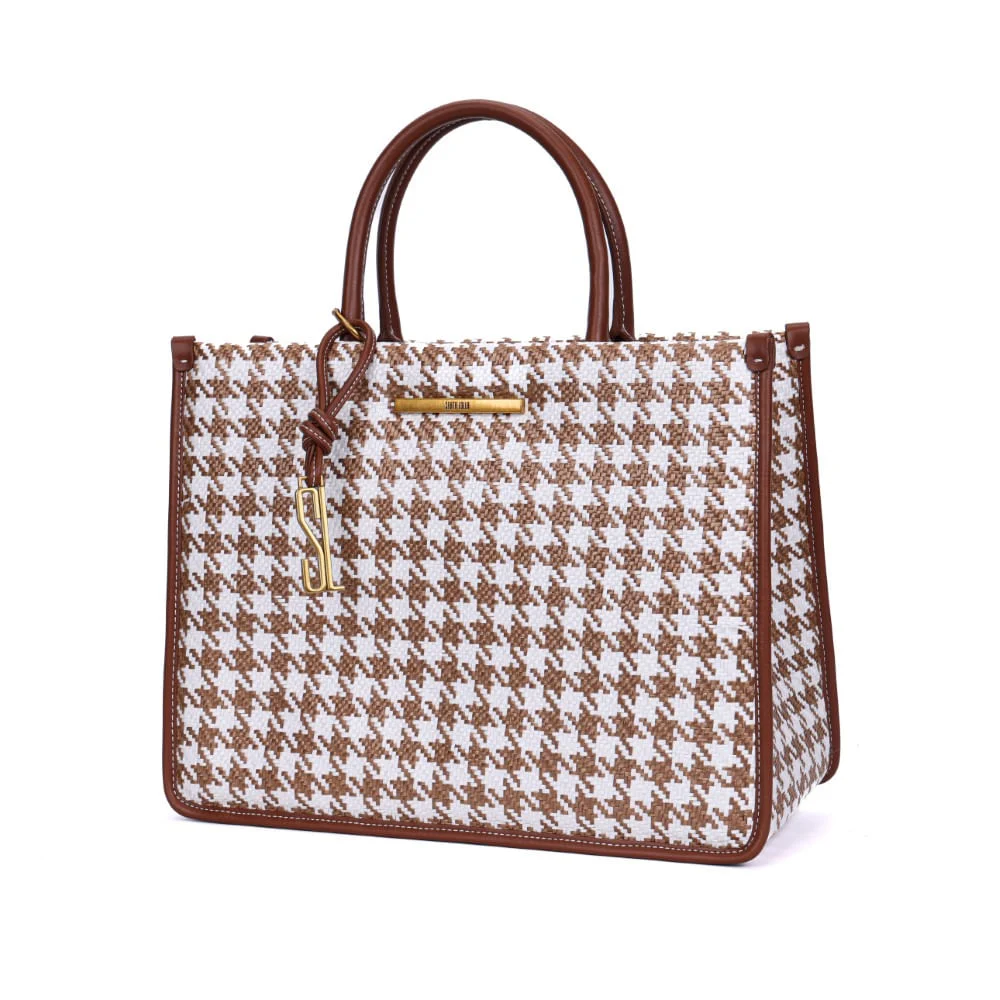 Bolsa Tote Tramada Marrom E Branco Estruturada Alça De Mão - vista 3 de 7
