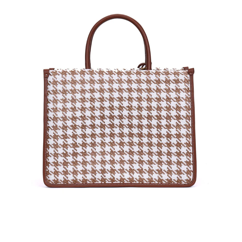 Bolsa Tote Tramada Marrom E Branco Estruturada Alça De Mão - vista 5 de 7