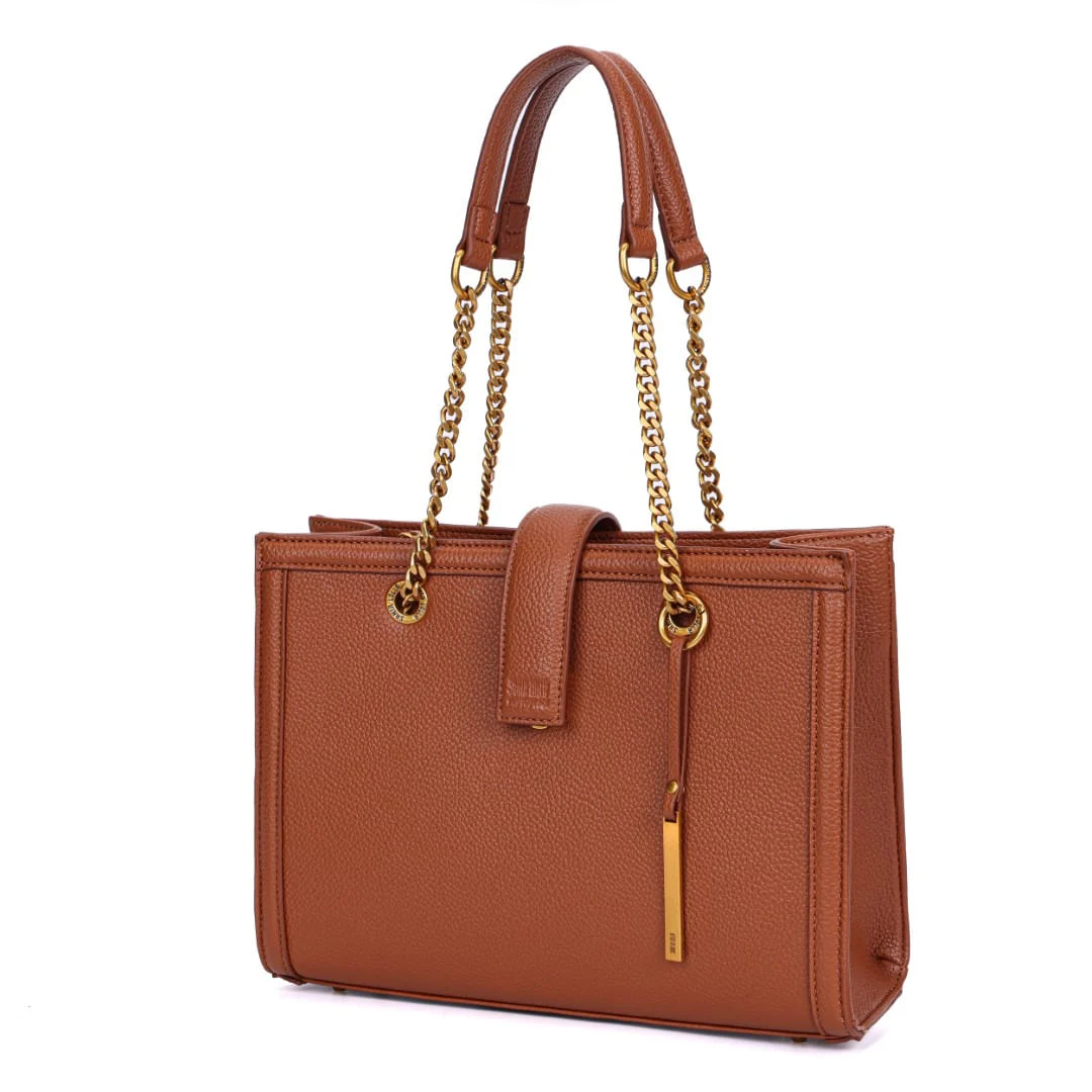 Bolsa Tote Estruturada Marrom Alça Corrente - vista 3 de 7