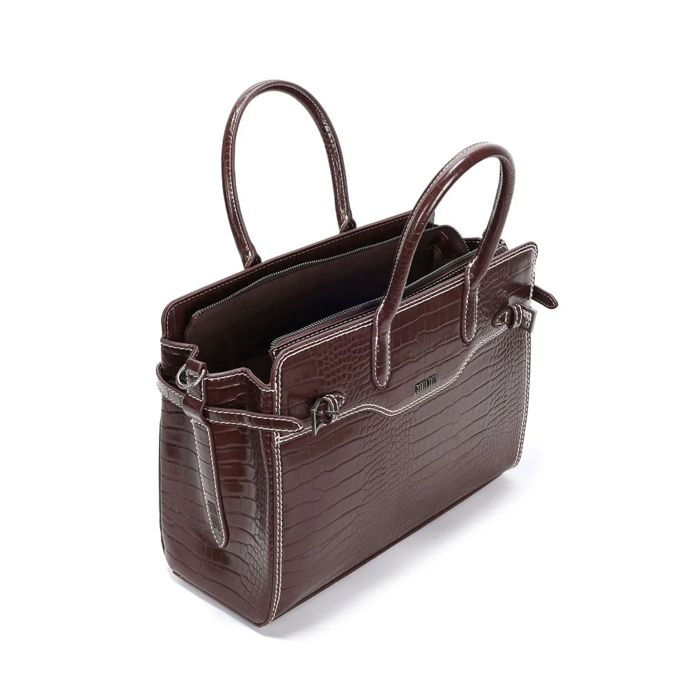 Bolsa Tote Croco Marrom Alça Dupla Tiracolo - vista 3 de 3