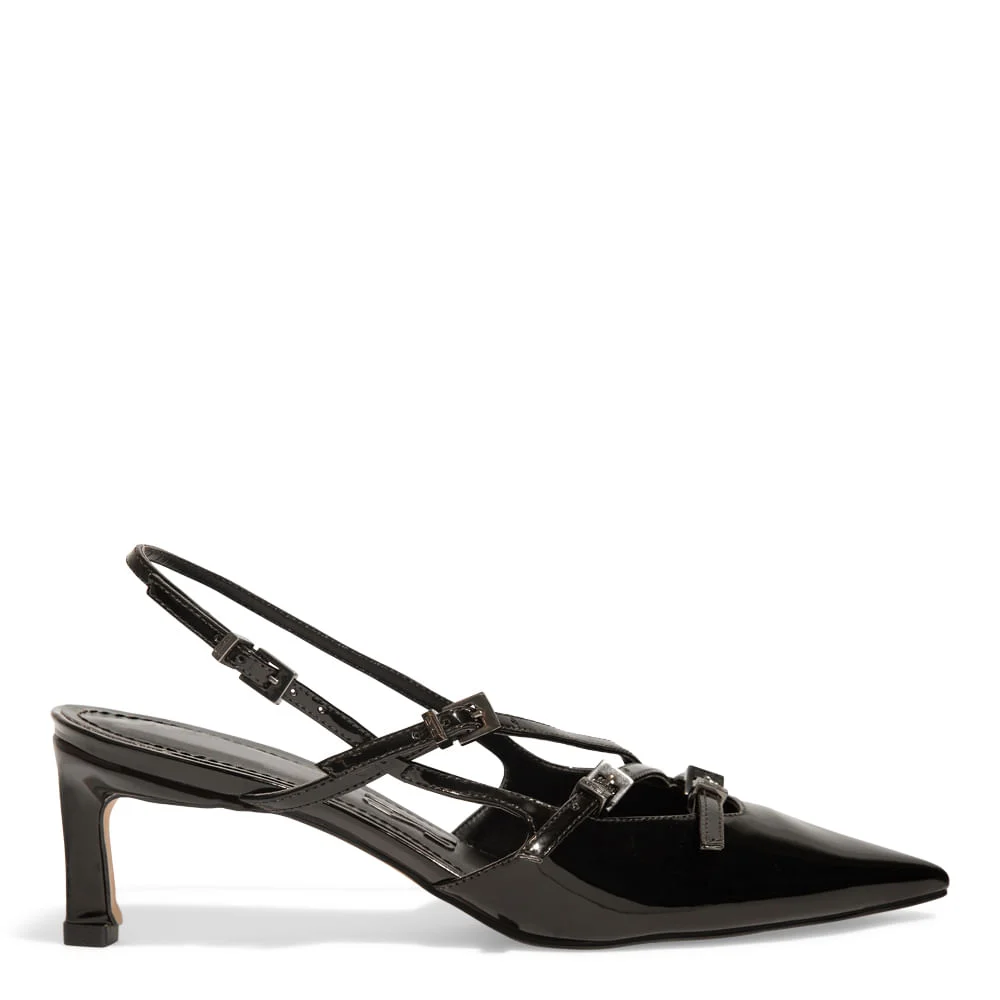 Scarpin Slingback Verniz Anzeli Preta Bico Fino Salto Baixo - vista 1 de 3